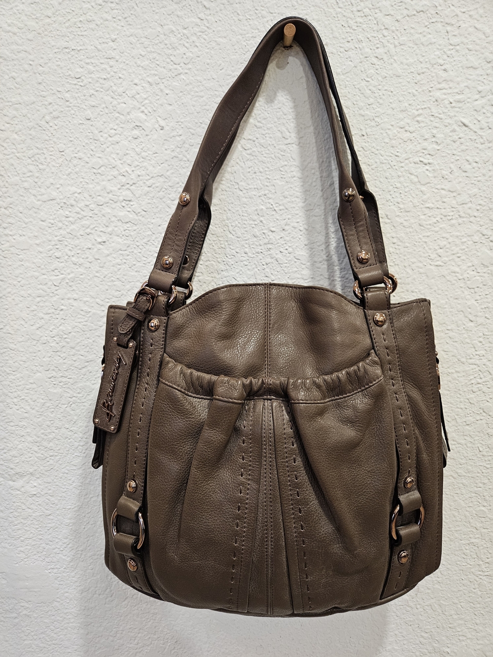 B. Makowsky Genuine Glove Leather Brown Pleated Hobo Tote Bag